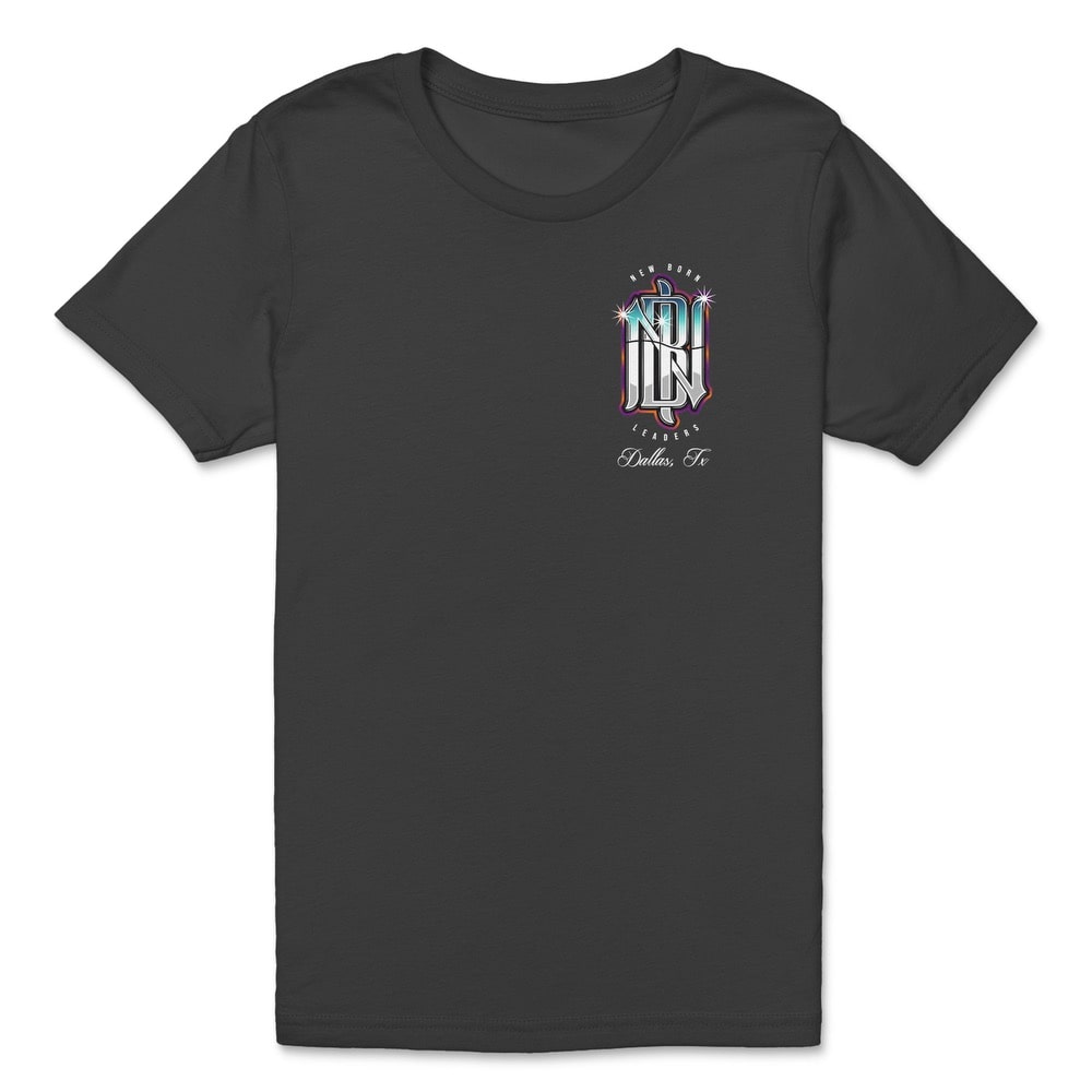 Black shirt with "New Born Leaders" logo printed on front in chrome.