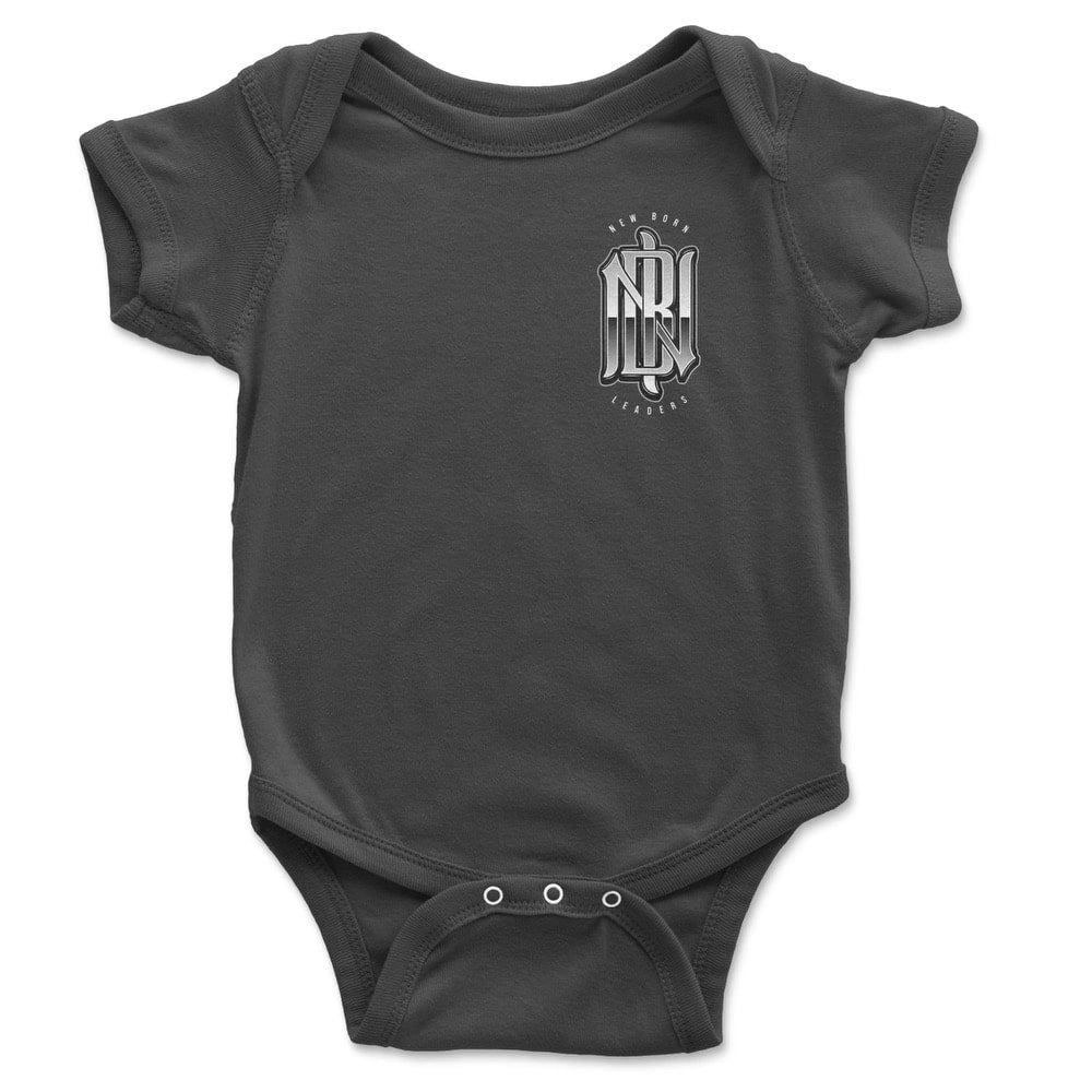 Baby onesie with New Born Leaders logo printed on front in chrome.